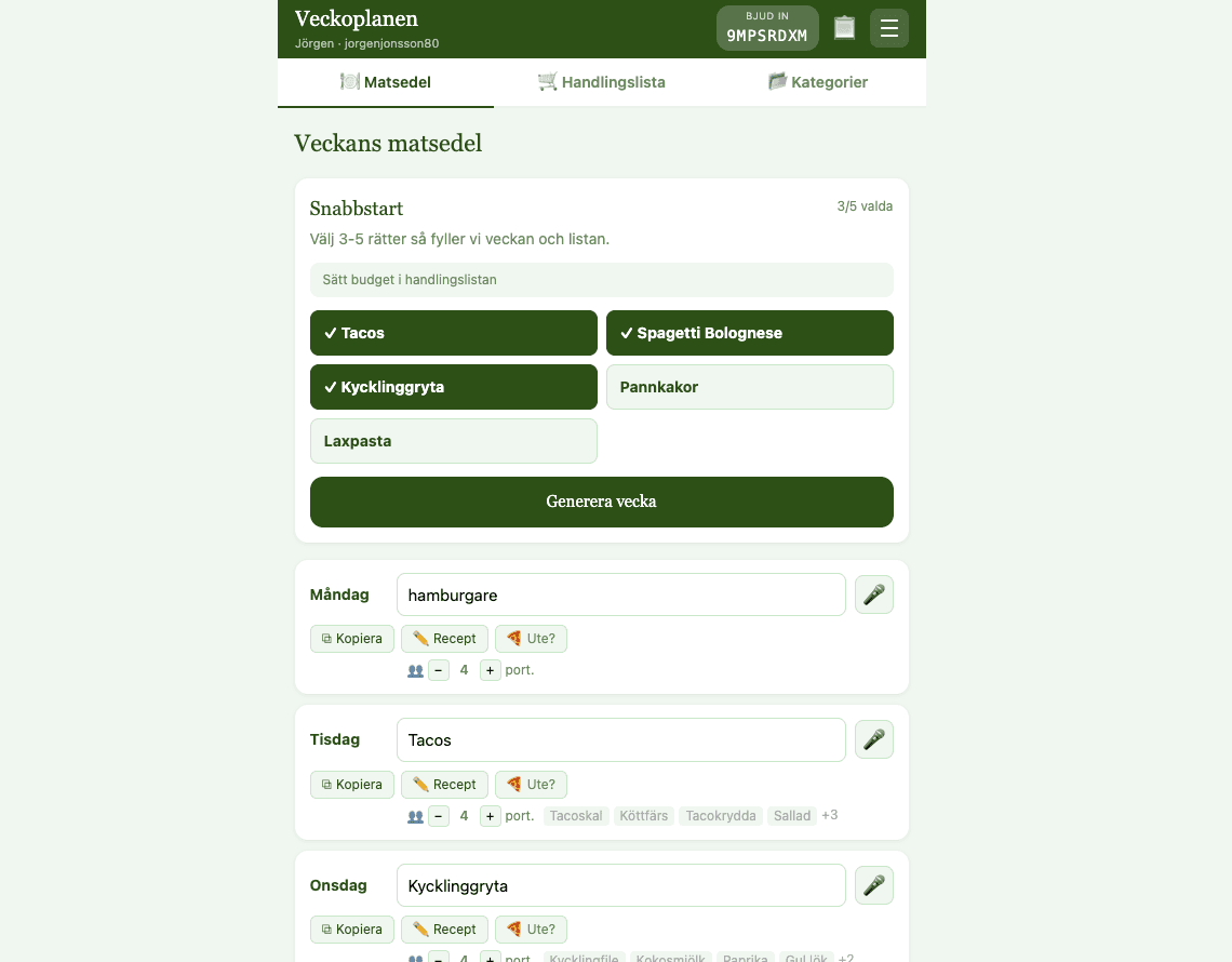 Veckoplanen — matsedel och handlingslista